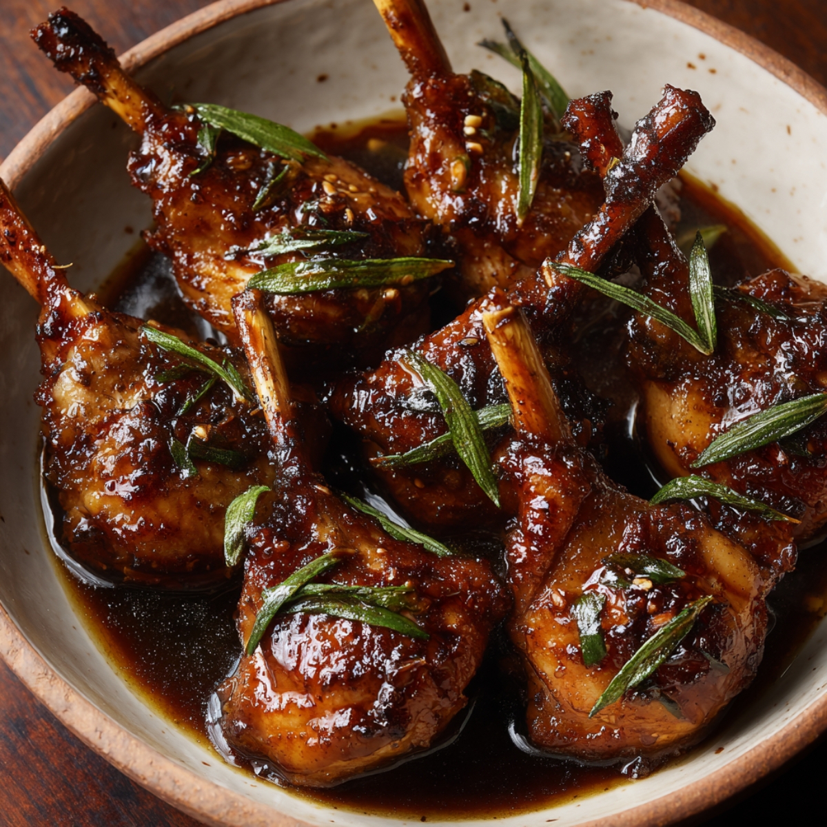 Glazed chicken lollipops: Bowl of chicken lollipops coated in a sticky soy-based sauce and garnished with fresh herbs.