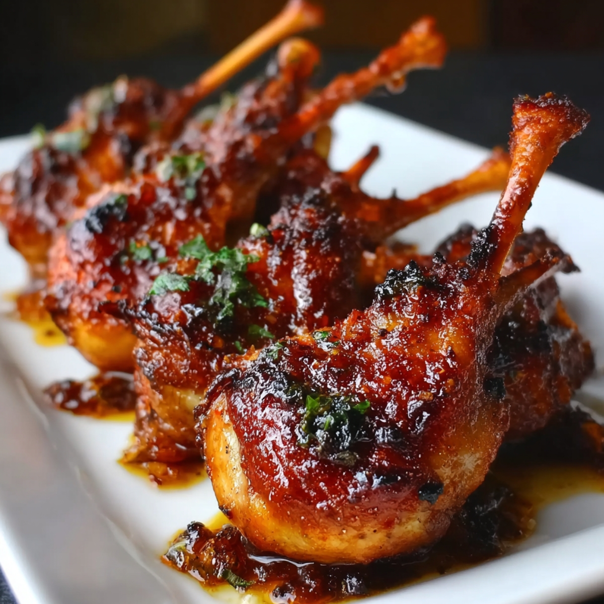 Cooked chicken lollipops on plate: Crispy glazed chicken lollipops arranged neatly on a white serving dish.