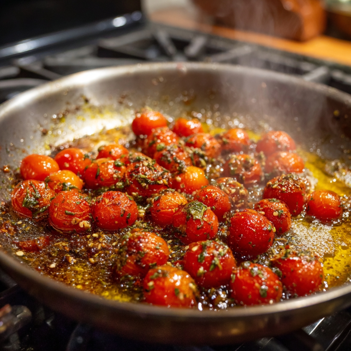 Cherry tomatoes cooking in a skillet, seasoned with herbs and olive oil, releasing their juices and softening.