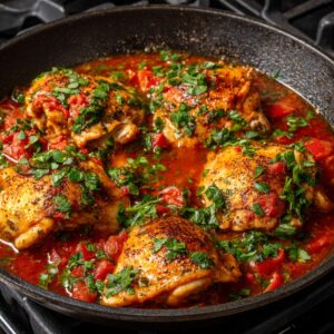 Chicken thighs in a skillet with a tomato sauce, garnished with chopped parsley, and served with a flavorful broth.