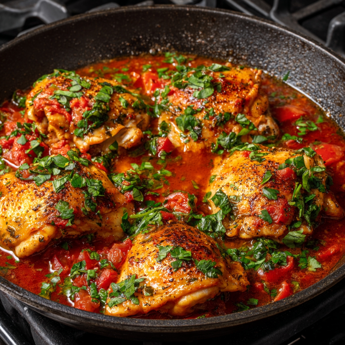 Chicken thighs in a skillet with a tomato sauce, garnished with chopped parsley, and served with a flavorful broth.