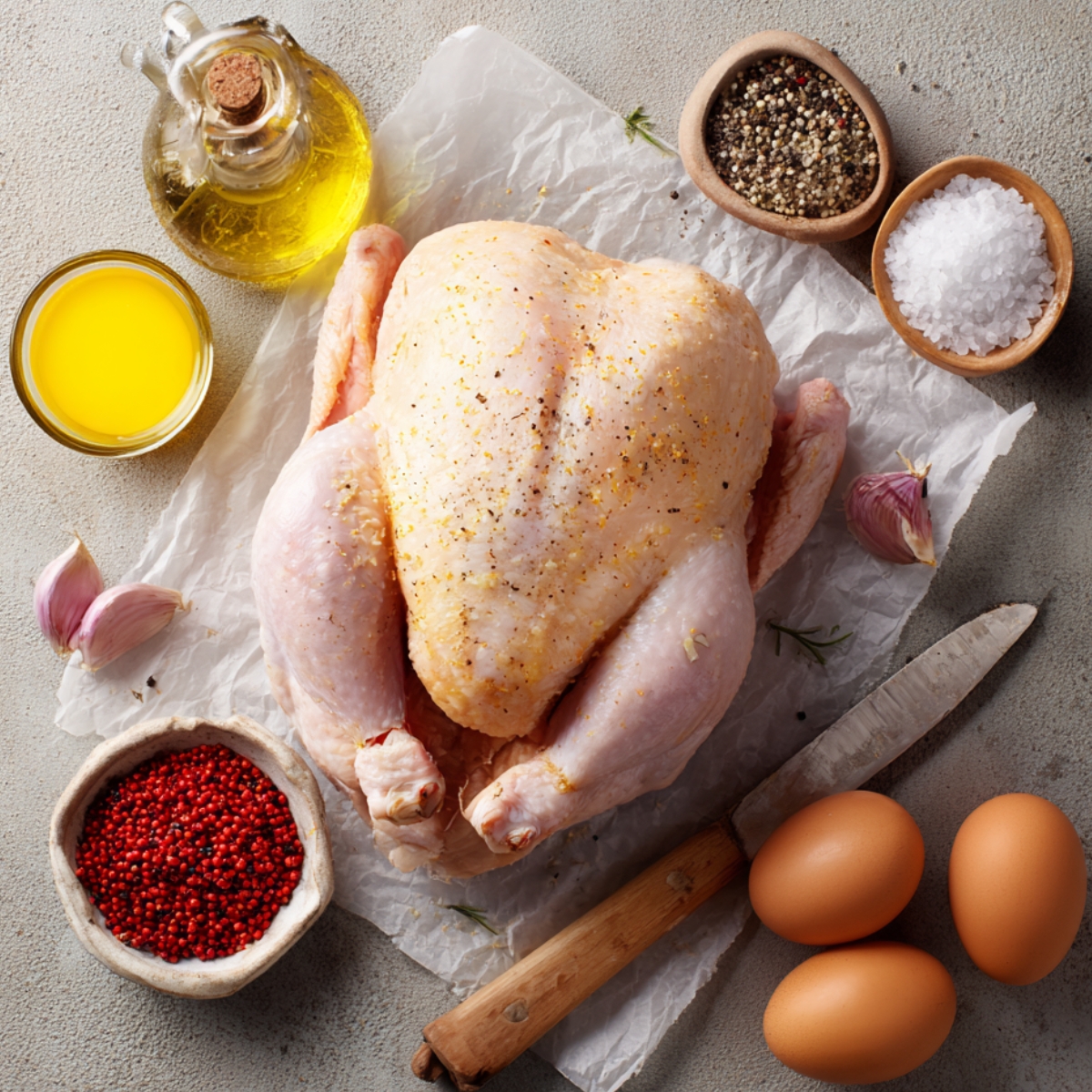 Whole raw chicken with garlic, olive oil, salt, pepper, and eggs laid out on a surface, ready for preparation.