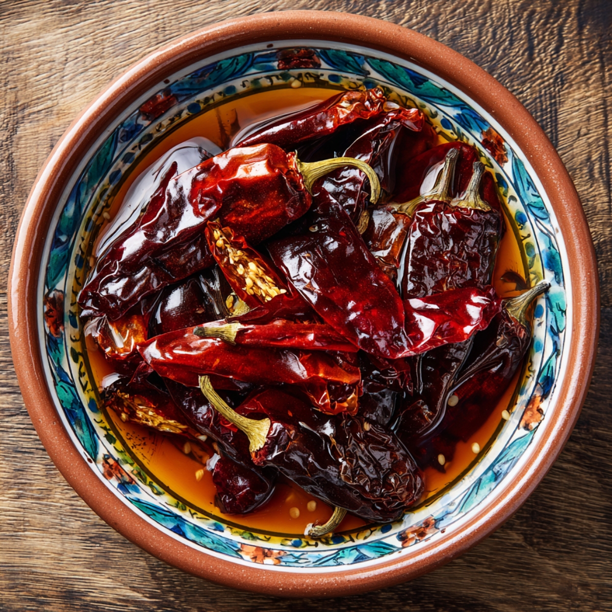 Soaking Dried Chiles: A bowl filled with dried red chiles soaking in hot water until softened.