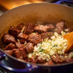 Browning Beef with Onions: Beef chunks searing in a pot with diced onions to build the flavor base.