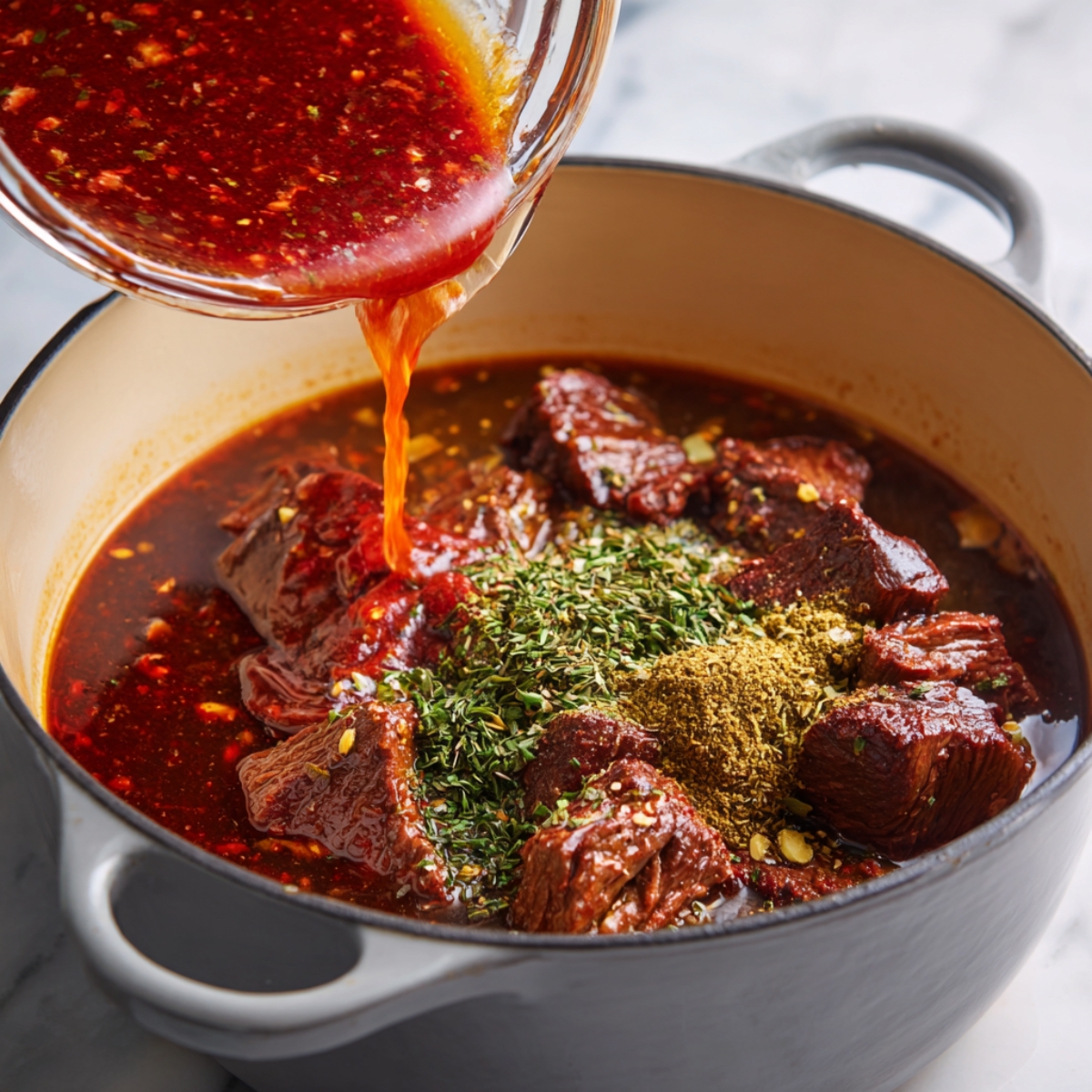 Adding Sauce and Spices: A Dutch oven with browned beef chunks, herbs, and spices, as a vibrant red chile sauce is being poured in.