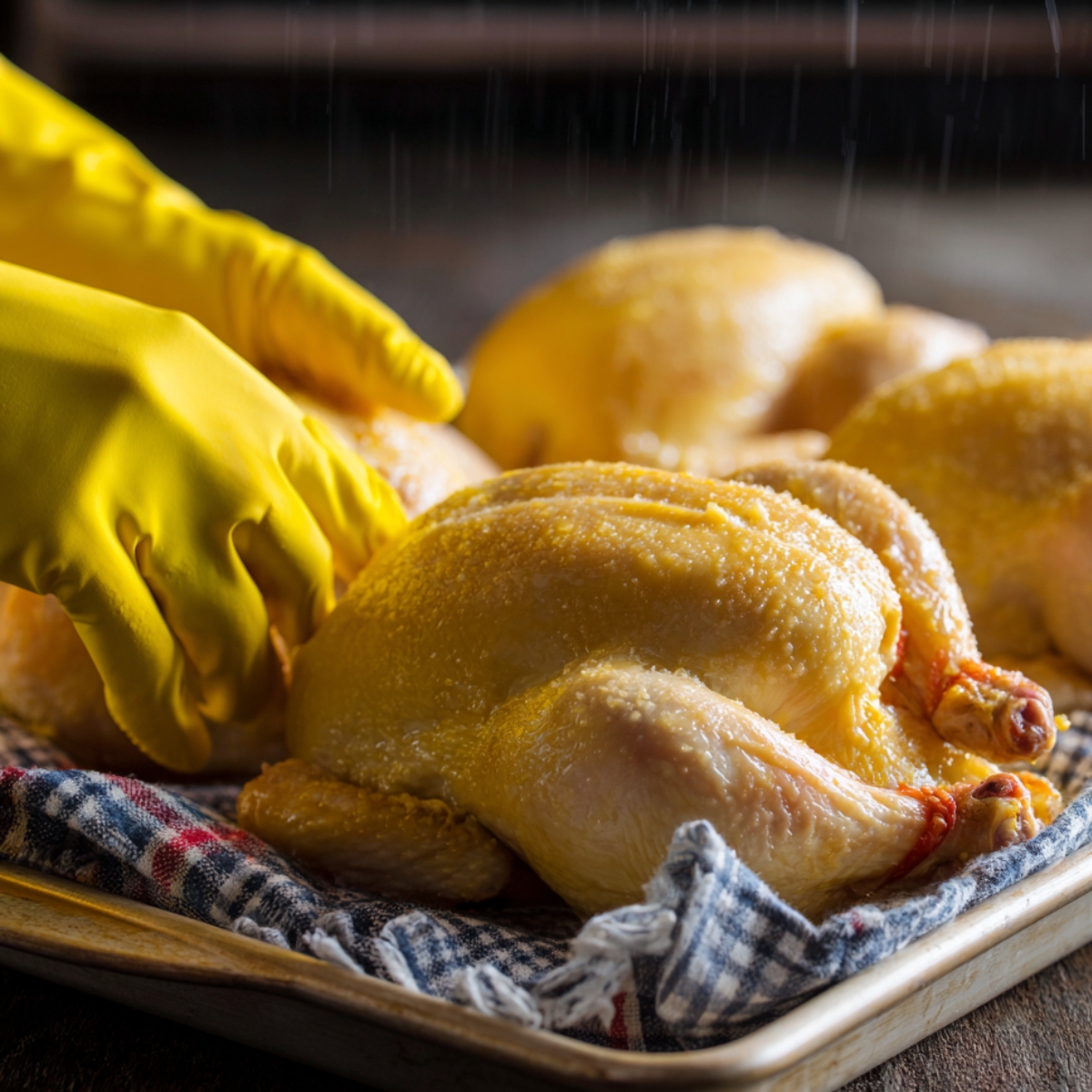 A person wearing yellow gloves patting dry a raw Cornish hen with a cloth towel on a tray, preparing it for seasoning.