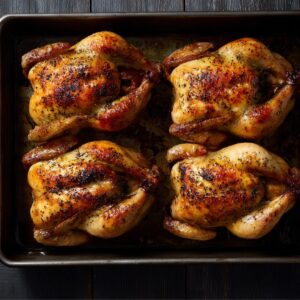 Four whole roasted Cornish hens in a metal baking pan, evenly browned with golden skin, sprinkled with salt and pepper.