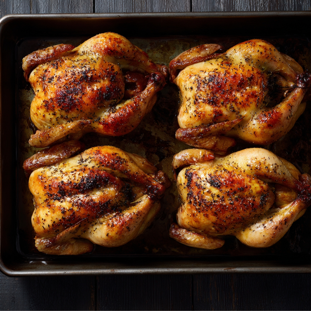Four whole roasted Cornish hens in a metal baking pan, evenly browned with golden skin, sprinkled with salt and pepper.