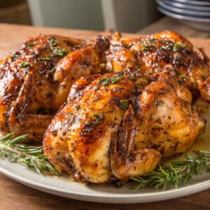 Three roasted Cornish hens on a serving dish, with crispy browned skin coated in black pepper and fresh rosemary, glistening with juices.