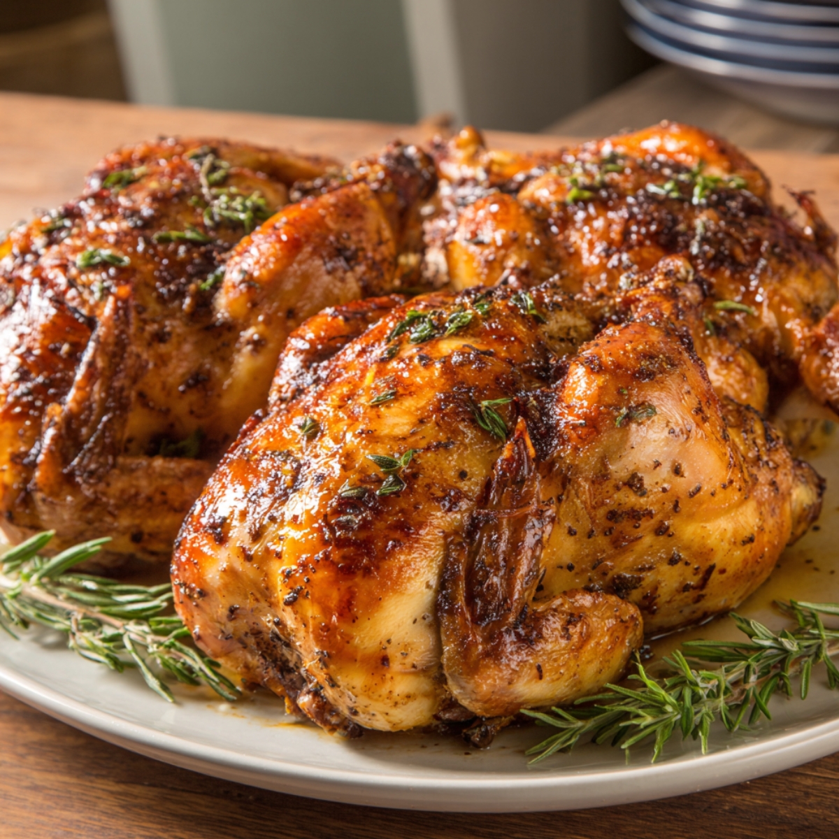 Three roasted Cornish hens on a serving dish, with crispy browned skin coated in black pepper and fresh rosemary, glistening with juices.