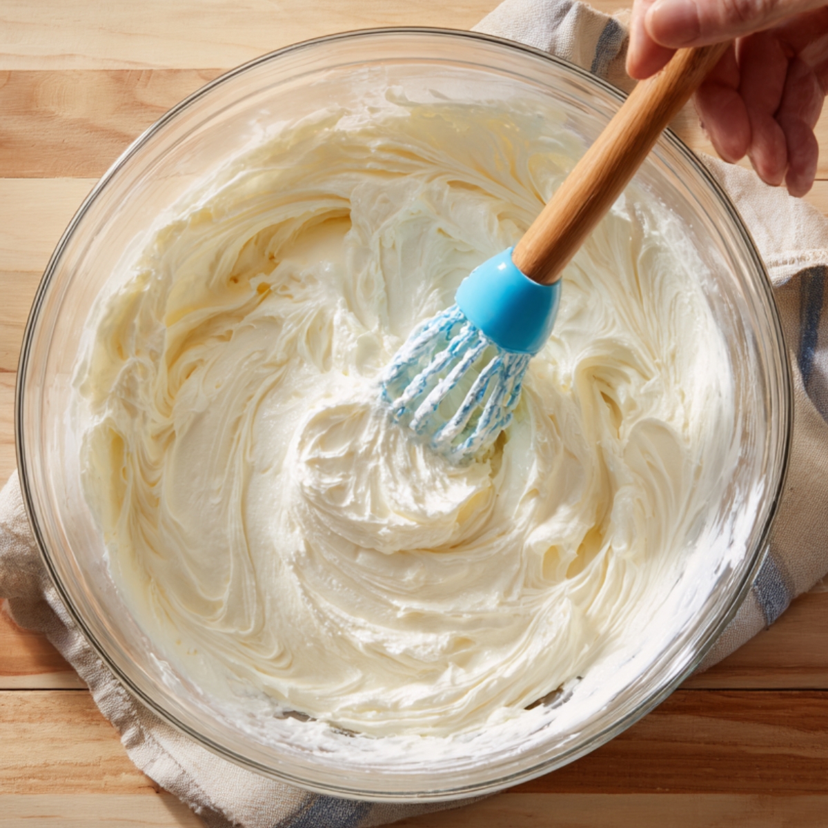 A close-up image showing a creamy whipped topping being mixed with a whisk in a large glass bowl.