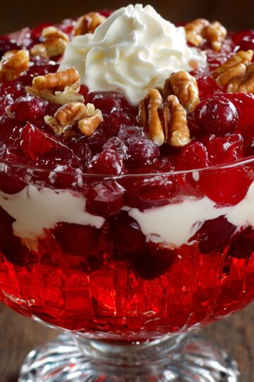 A gelatin Cranberry Jello Salad Recipe set in a molded shape, topped with whipped cream and garnished with cranberries and walnuts.