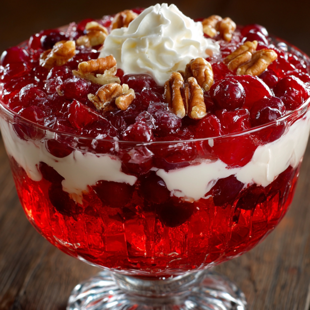 A gelatin Cranberry Jello Salad Recipe set in a molded shape, topped with whipped cream and garnished with cranberries and walnuts.