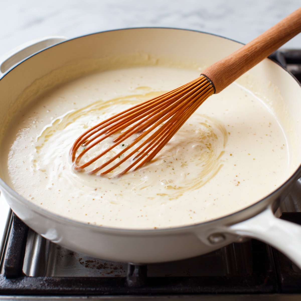 Best Creamy White Chicken Enchiladas Recipe 14 Image of a whisk stirring white sauce in a pan — no visible text present.