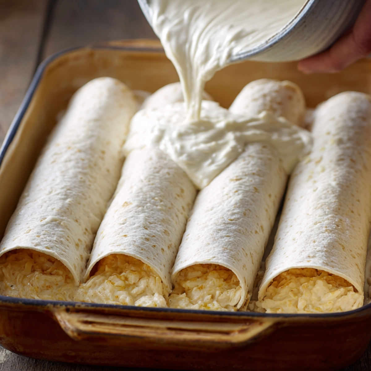 Best Creamy White Chicken Enchiladas Recipe 15 This image shows the sauce being poured over rolled tortillas — no visible text present.