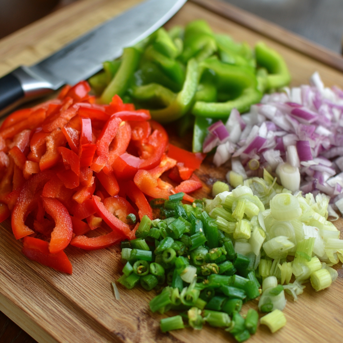 A cutting board with sliced red and green bell peppers, chopped onions, minced green chilies, and chopped spring onions with a knife.
