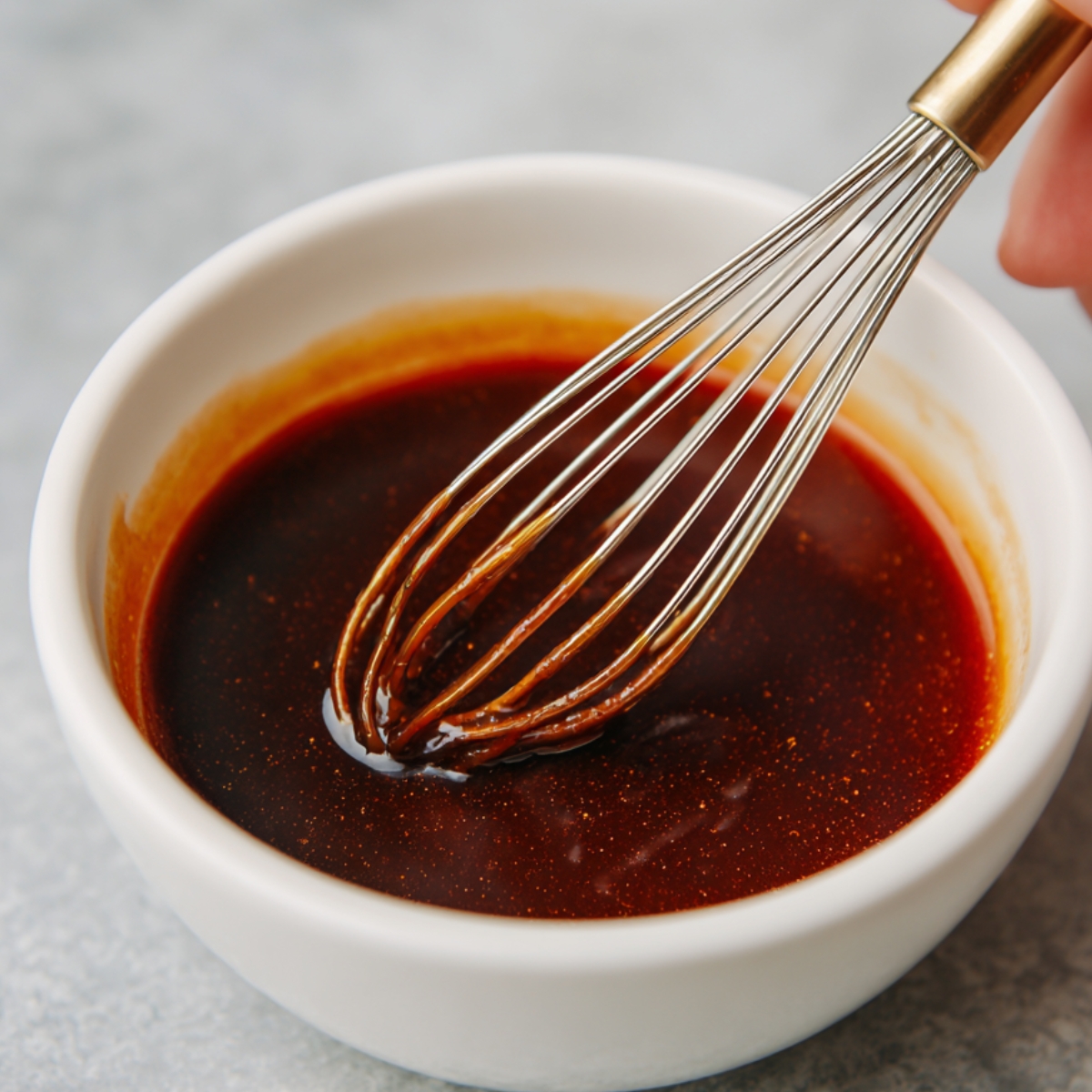 A small white bowl with a whisk mixing a dark red-brown sauce made of soy sauce, ketchup, chili sauce, and vinegar.