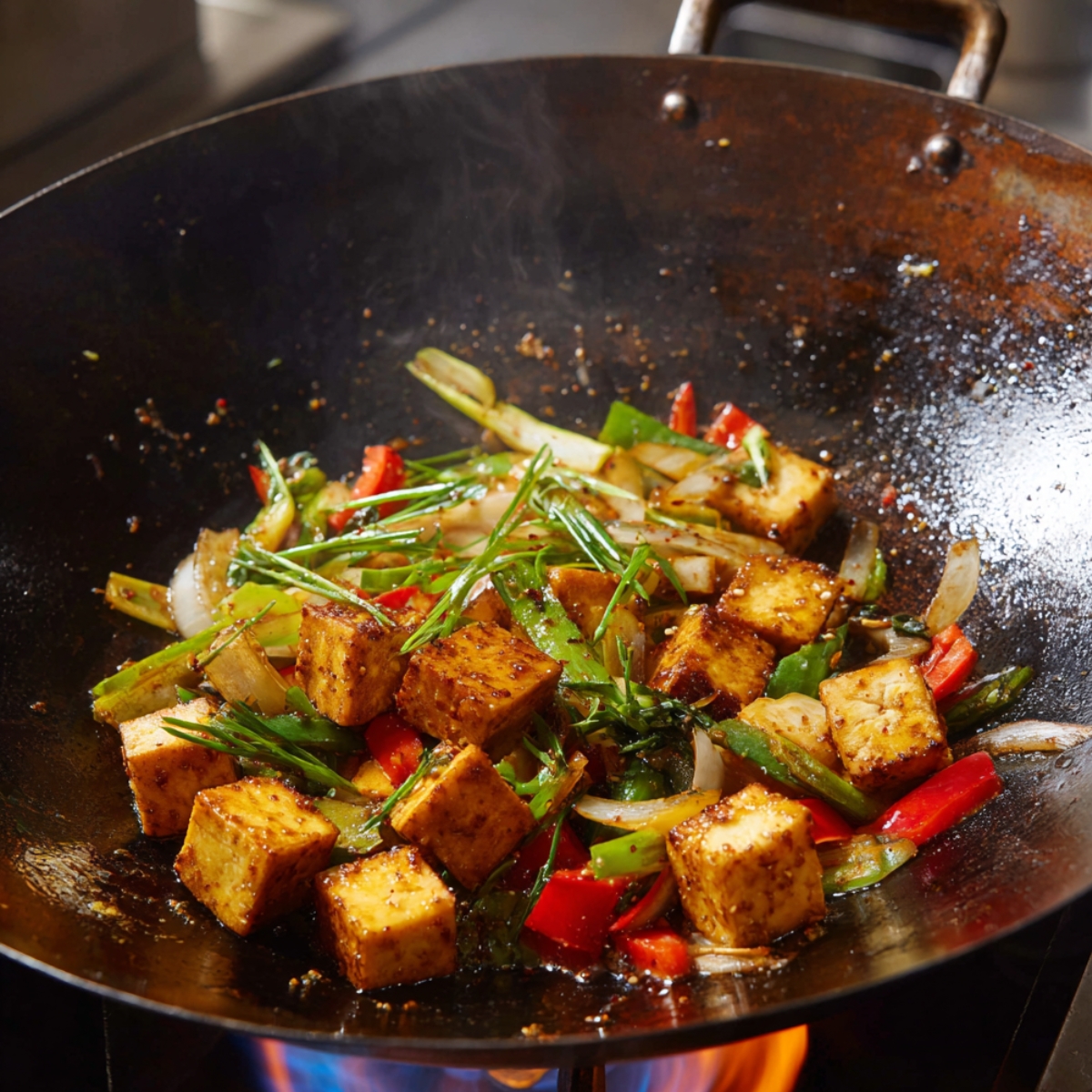 A hot wok over flame with paneer cubes, onions, and colorful bell peppers being stir-fried with spring onions.