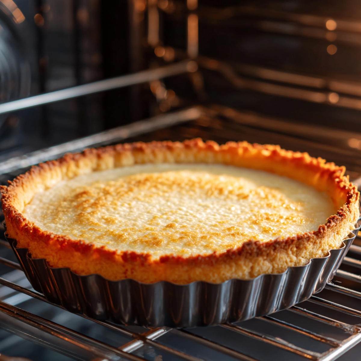 A golden, slightly browned tart crust baking in the oven on a metal rack.
