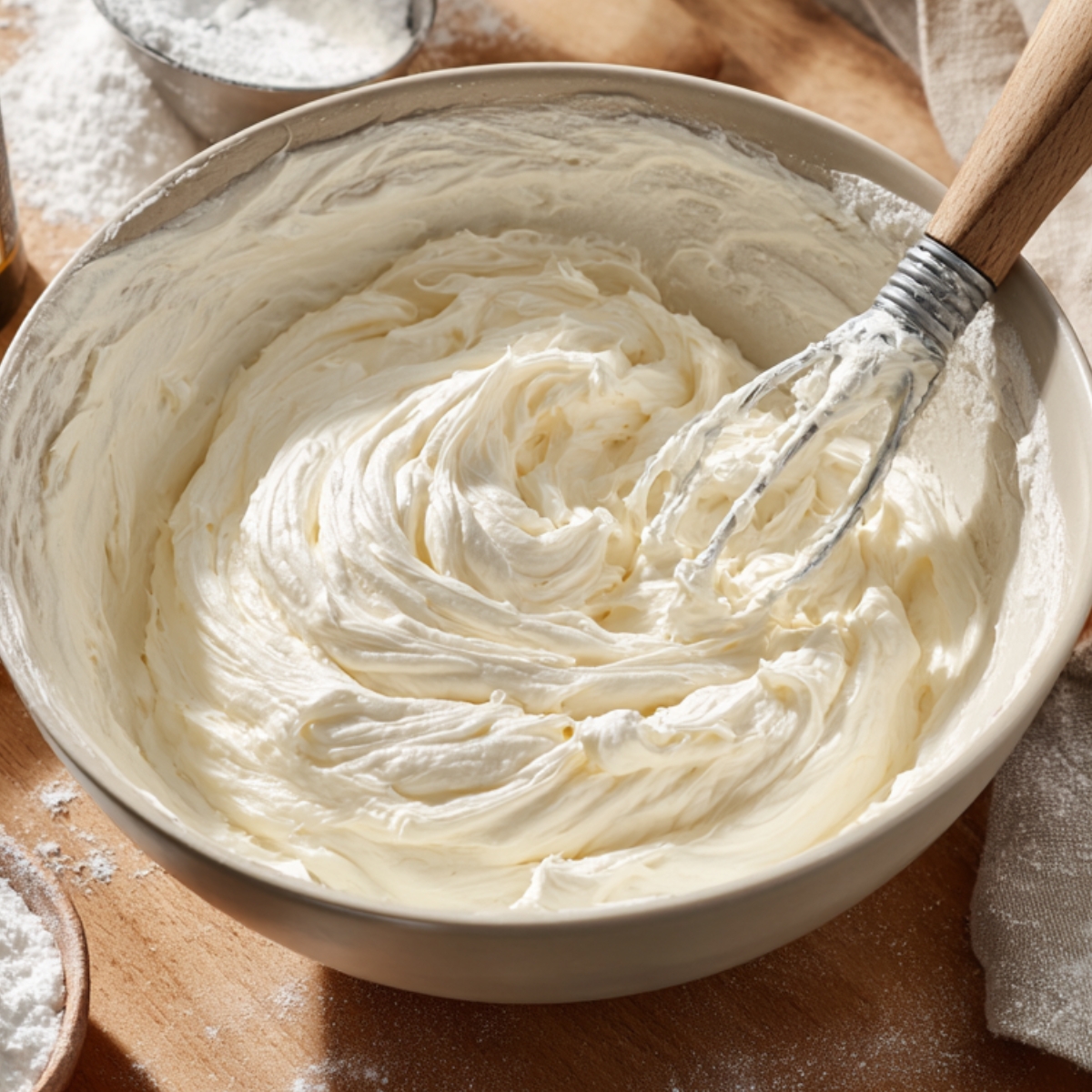A mixing bowl filled with whipped cream mixture, surrounded by ingredients like butter, powdered sugar, and vanilla extract on a wooden surface.