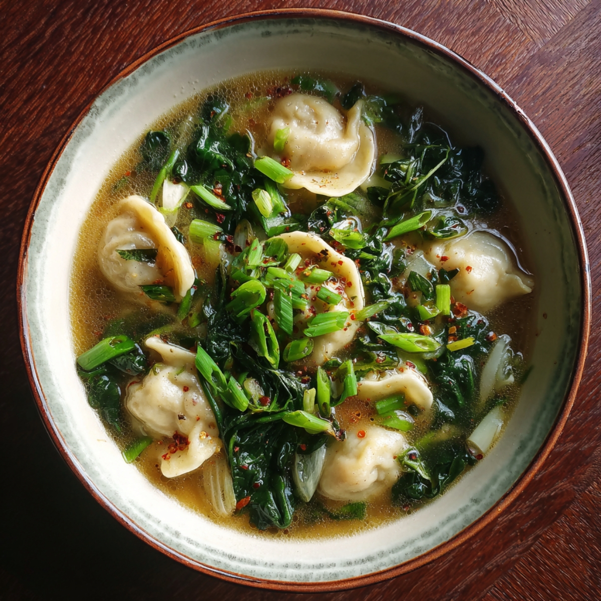 A decorative bowl of creamy momo soup garnished with chopped green onions, cilantro, and drops of chili oil.