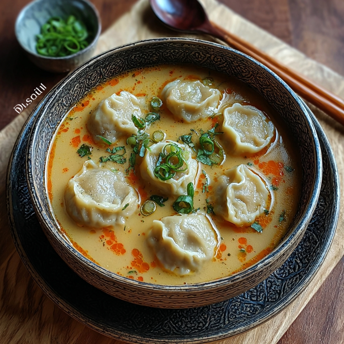 A bowl of dumpling soup with wilted greens (like spinach), scallions, and a clear broth with a sprinkle of crushed red pepper flakes.