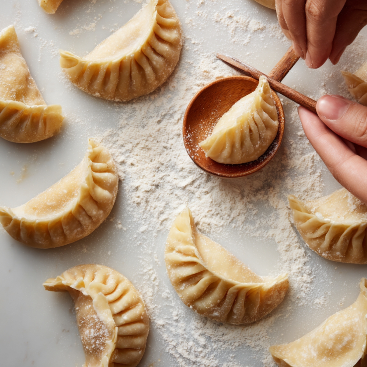 A person shaping homemade dumplings by hand on a floured surface, with several neatly folded dumplings around.