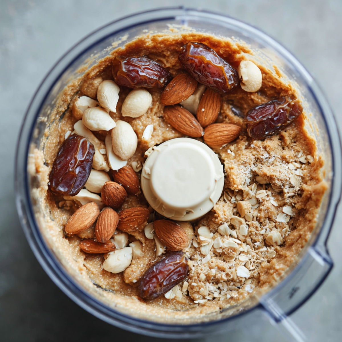 A food processor filled with peanut butter, oats, whole almonds, cashews, and dates, ready to be blended.