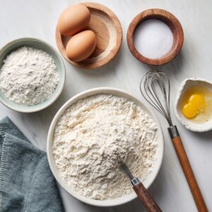 A marble surface with baking ingredients — bowls of flour, whole and cracked eggs, salt, and a wire whisk.