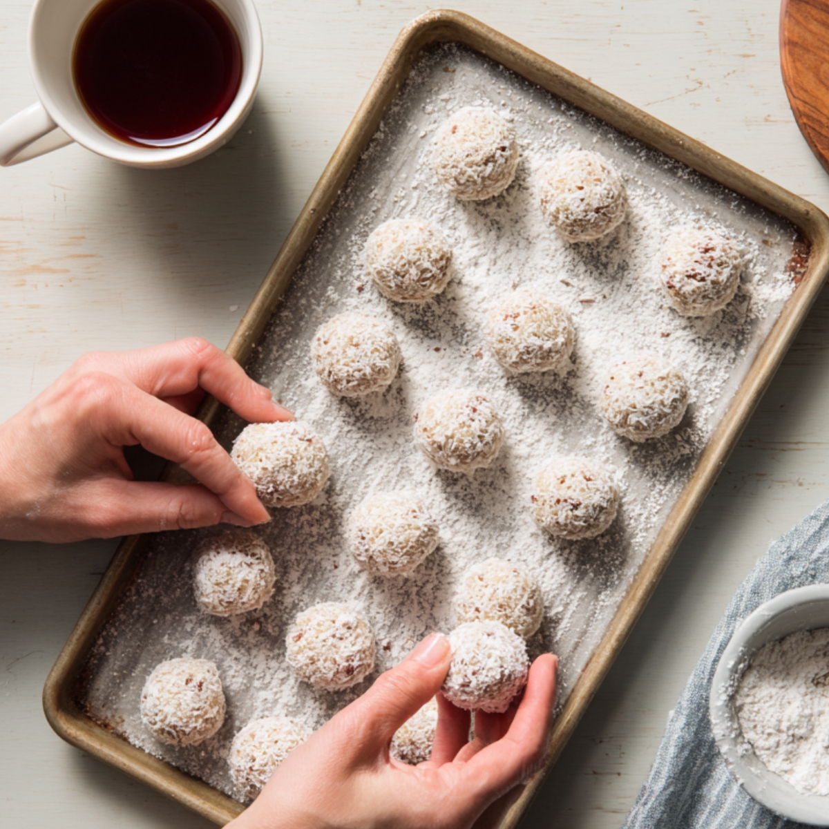 A gray plate stacked with coconut-covered energy balls, placed beside a golden spoon on a cloth napkin.