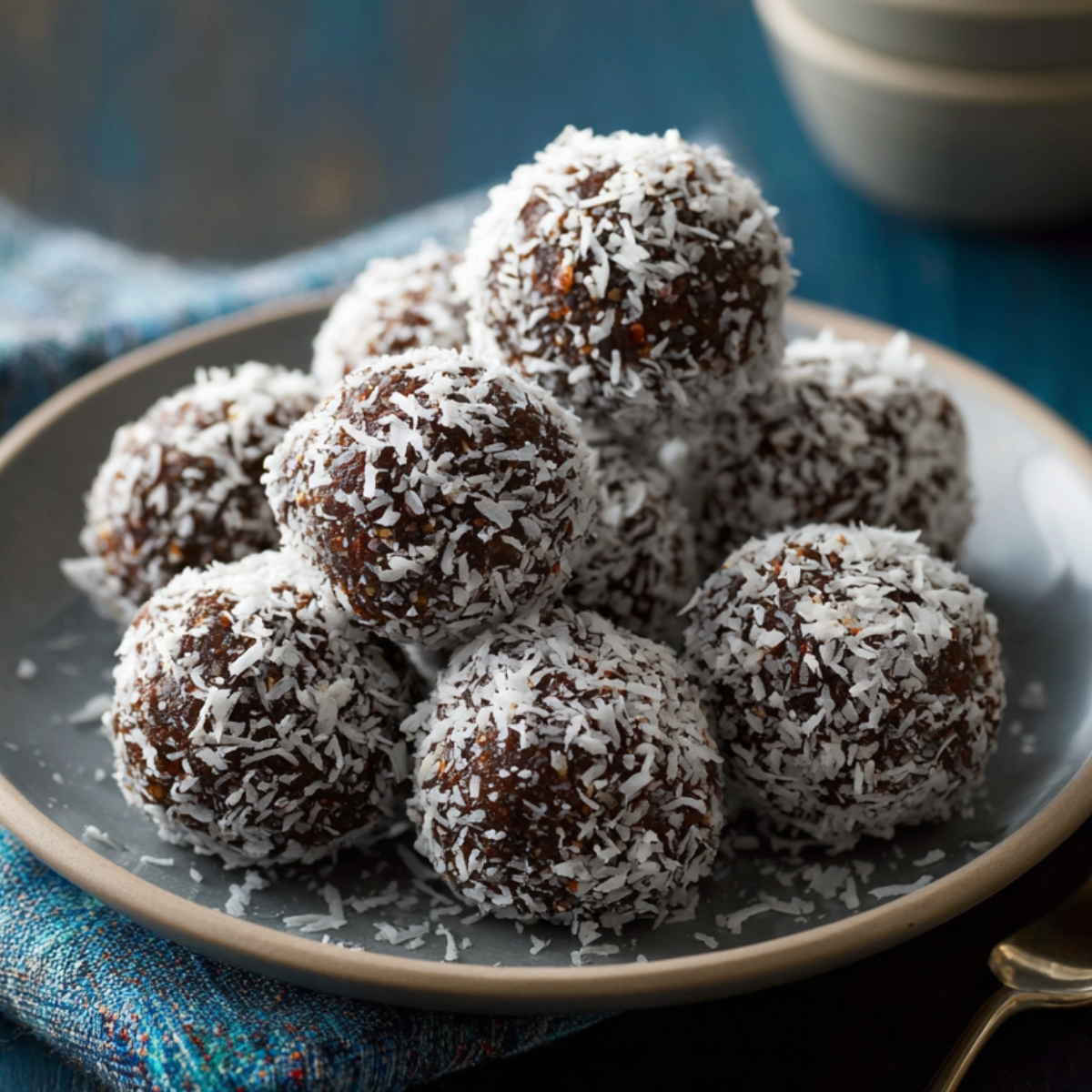 A blue bowl filled with dark energy balls rolled in shredded coconut.