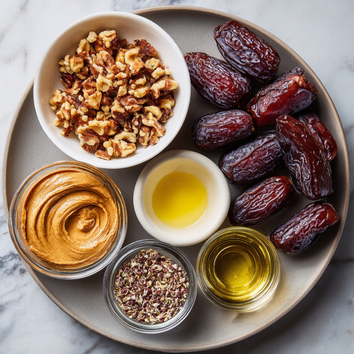 A round plate with neatly arranged ingredients — whole dates, chopped walnuts, peanut butter, ground seeds, and small bowls of oil.