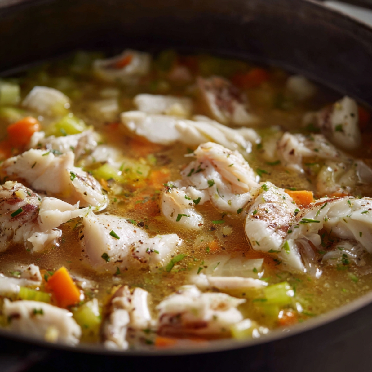 Pot of clear broth with fish pieces and vegetables (carrots, celery, onions) simmering with herbs.