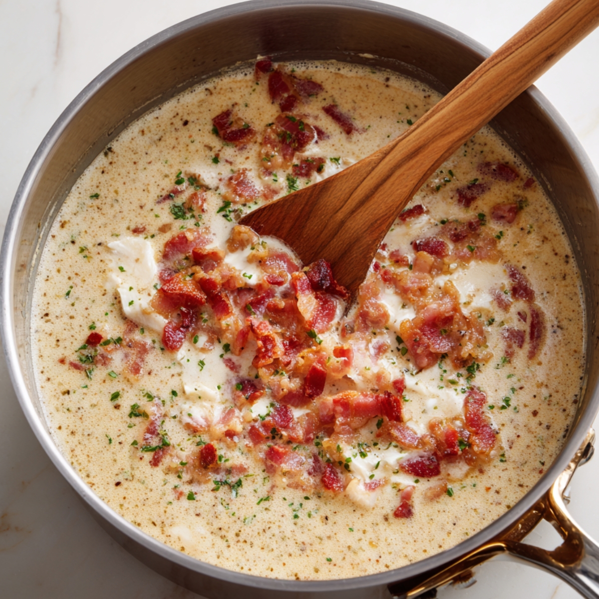 Saucepan of creamy soup with crispy bacon pieces and sprinkled herbs, stirred with a wooden spoon.