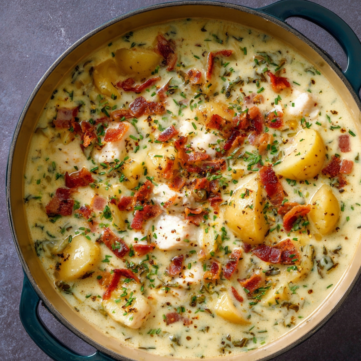 Pot of creamy fish chowder with potatoes and fish chunks, topped with crispy bacon and fresh herbs.