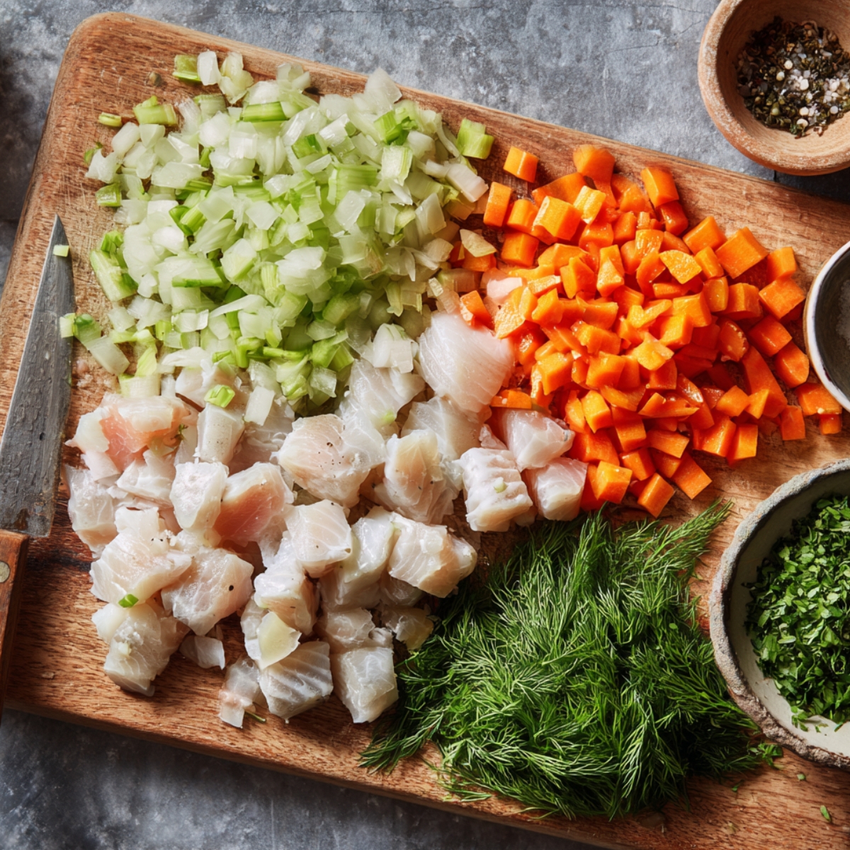 Chopping board with diced white fish, chopped onions, celery, carrots, fresh dill, and parsley.
