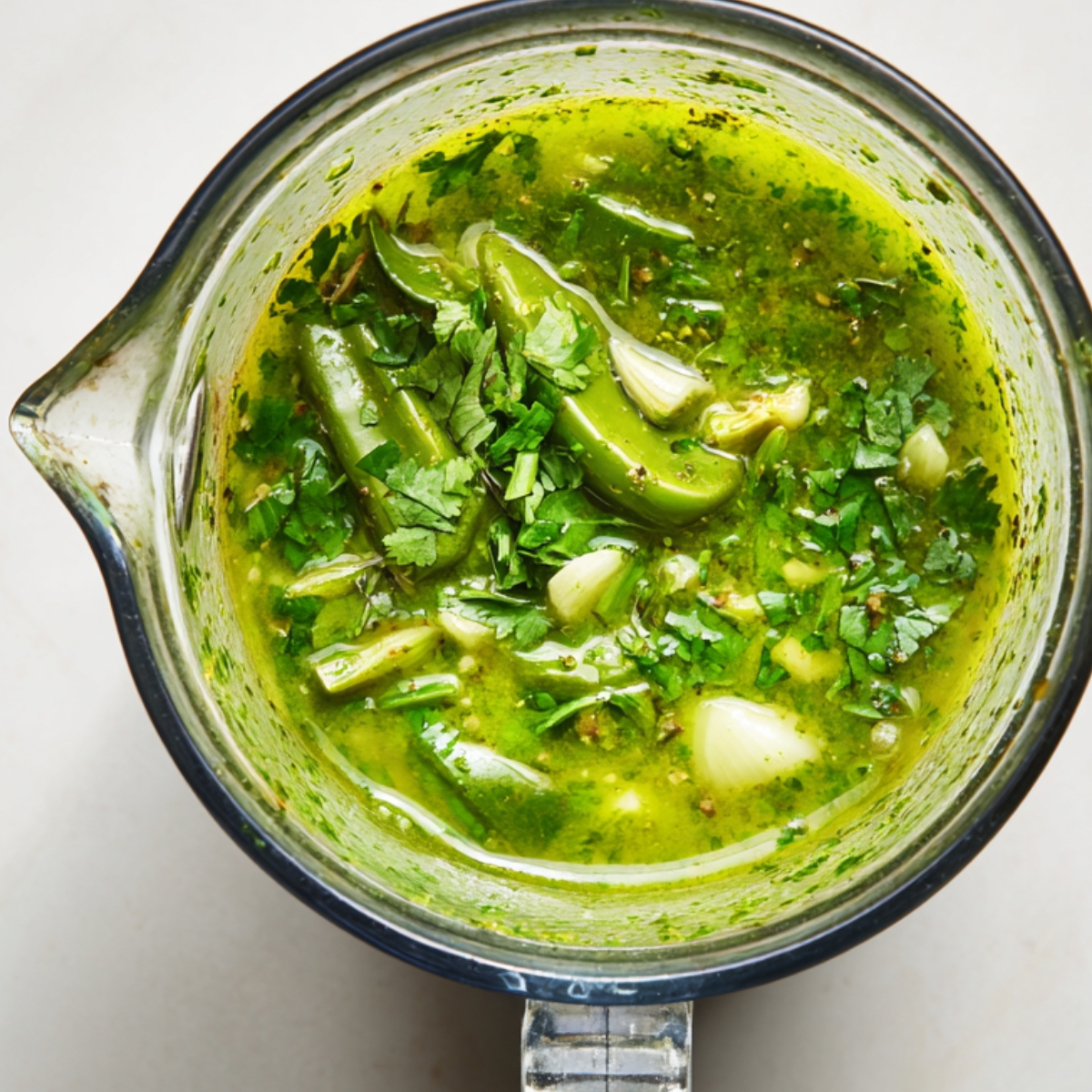 A fresh and vibrant green salsa base, blending roasted tomatillos, peppers, onions, and herbs, ready to be added to a dish.