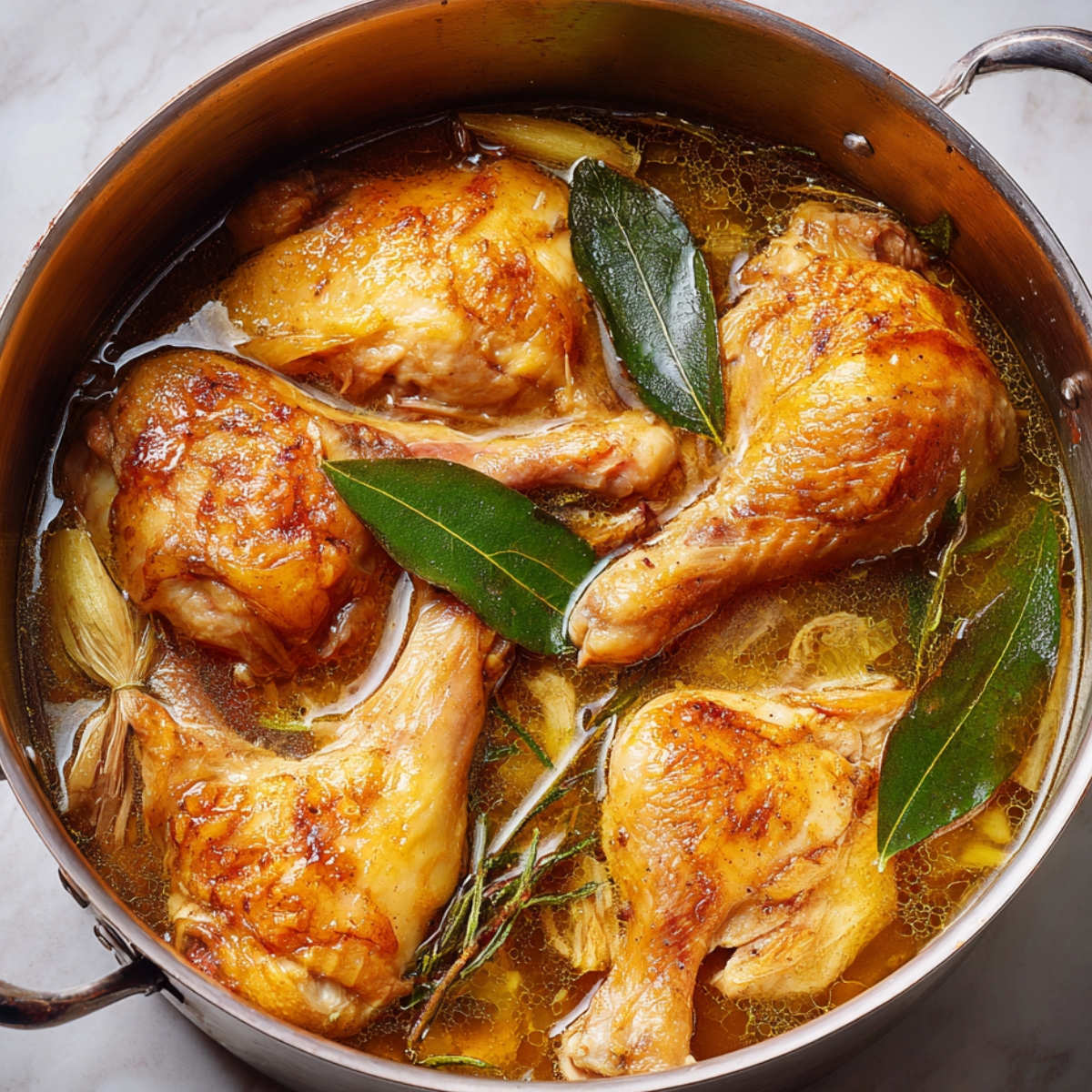 Chicken pieces simmering in a pot with herbs like bay leaves, possibly being cooked to be shredded for a soup or stew.