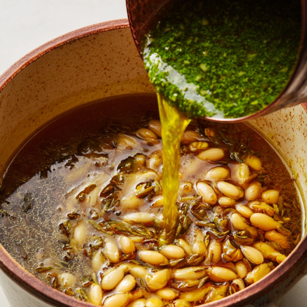 A step in making a green broth, pouring a vibrant, green mixture into a pot containing beans and herbs, possibly as part of a pozole or similar dish.