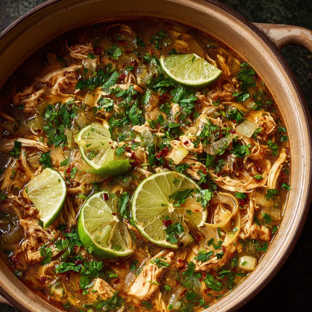 A rich, flavorful chicken soup with lime slices and cilantro sprinkled on top. The soup appears to be simmering with tender shredded chicken and seasonings.