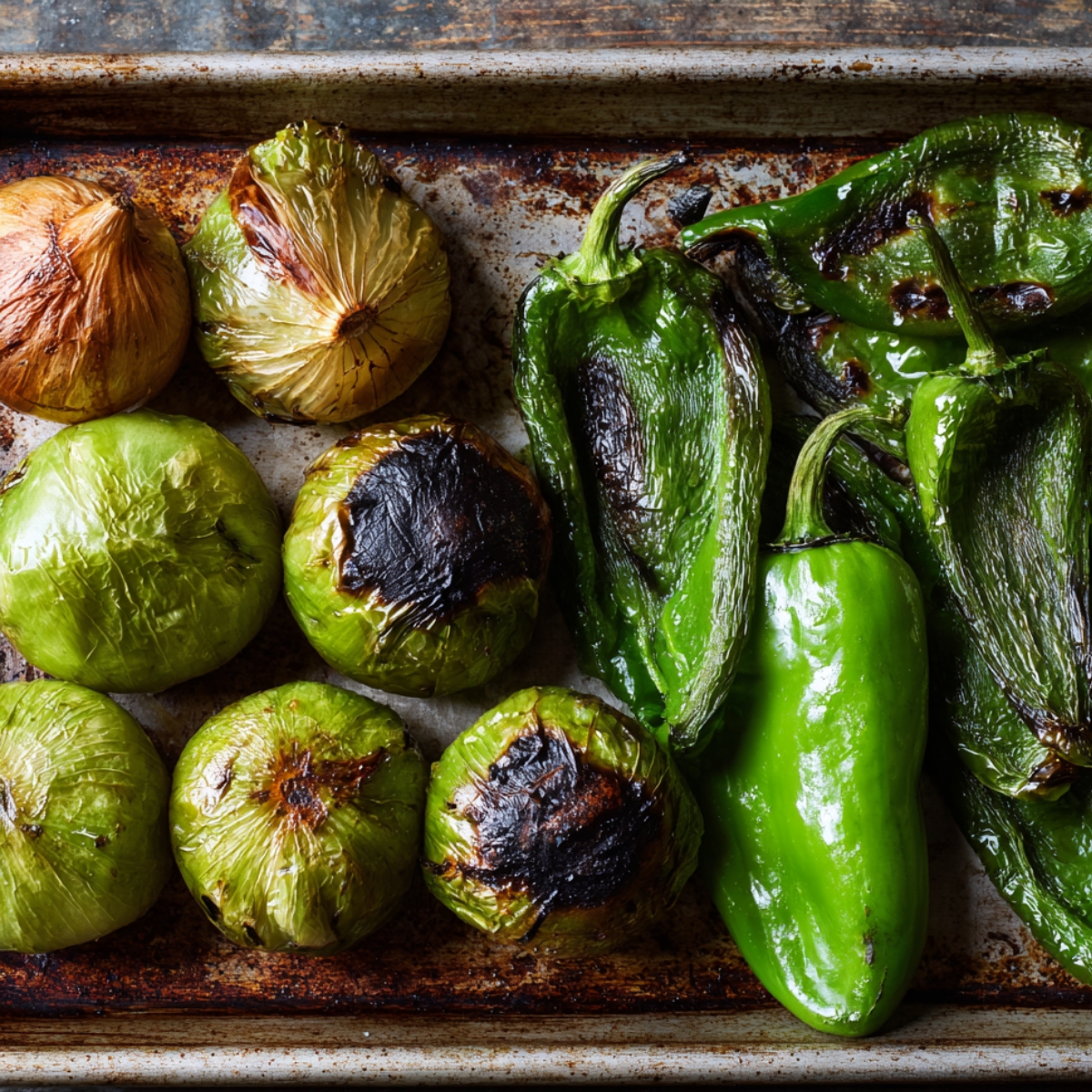The first stage of preparing a verde salsa, where charred vegetables like onions and peppers are being blended together to create a flavorful base.