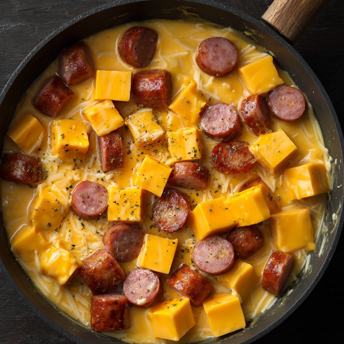 A black skillet filled with sliced sausage and cubes of Velveeta cheese melting into a creamy mixture.