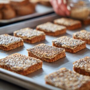 A metal baking sheet lined with square slices of rye bread covered in assorted seeds, with a hand sprinkling more seeds from a small bowl.