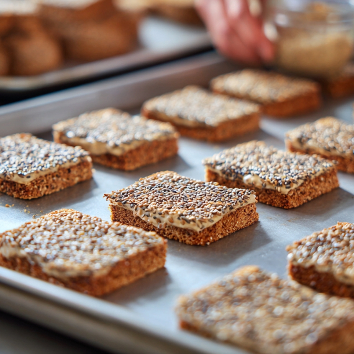 A metal baking sheet lined with square slices of rye bread covered in assorted seeds, with a hand sprinkling more seeds from a small bowl.