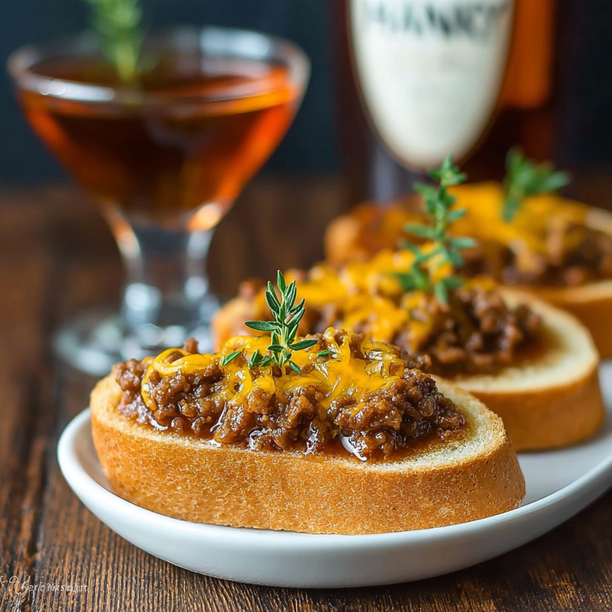 Toasted bread slices topped with a sausage and melted cheese mixture, garnished with fresh thyme sprigs, served on a white plate with a cocktail glass in the background.