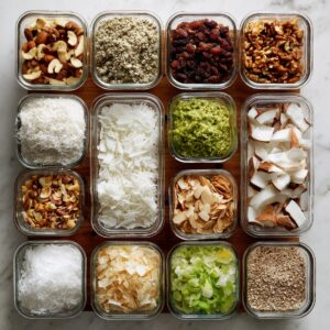 A neatly arranged set of glass containers holding a variety of toppings, including mixed nuts, shredded and sliced coconut, seeds, dried fruit, and healthy add-ins.