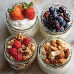 Four small glass jars filled with creamy yogurt, each topped with different ingredients: strawberries, blueberries with dried fruit, raspberries with walnuts, and assorted nuts.