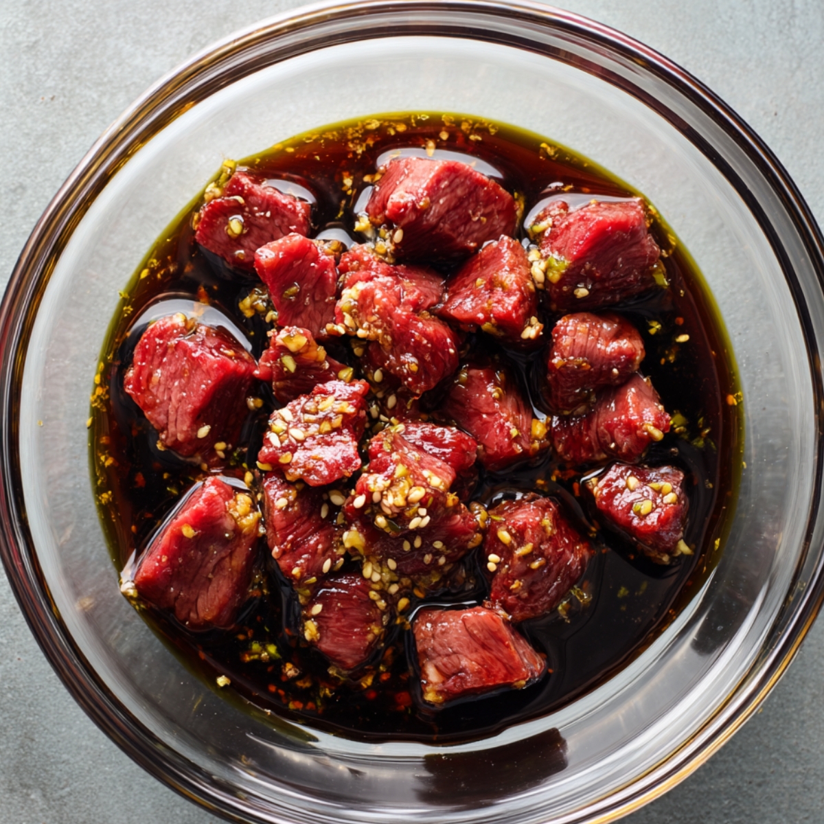 Marinated steak cubes in bowl – Raw steak cubes soaking in a dark soy-based marinade with sesame seeds, garlic, and ginger.