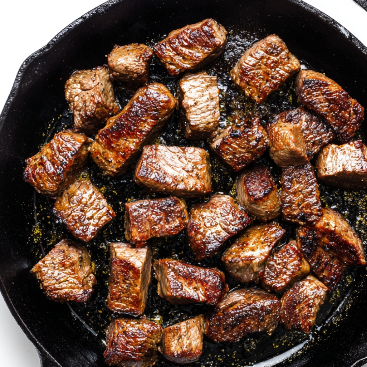 Seared steak cubes in cast iron skillet – Bite-sized steak cubes seared to a golden-brown crust in a cast iron skillet.