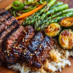 A wooden bowl filled with white rice, seared steak slices topped with sesame seeds and green onions, sautéed mushrooms, broccoli, zucchini, snap peas, and red bell peppers.